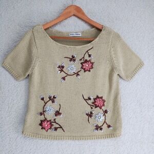 Pretty Fashion Knit Top Womens S Beige Floral Scoop Neck Short Sleeve